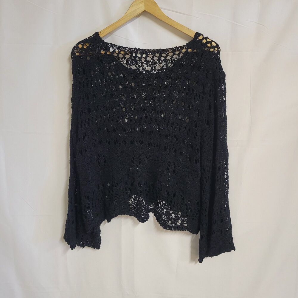 Black Crochet Knit Top Boho Wide Neck Flared Sleeve Knitwear M/L